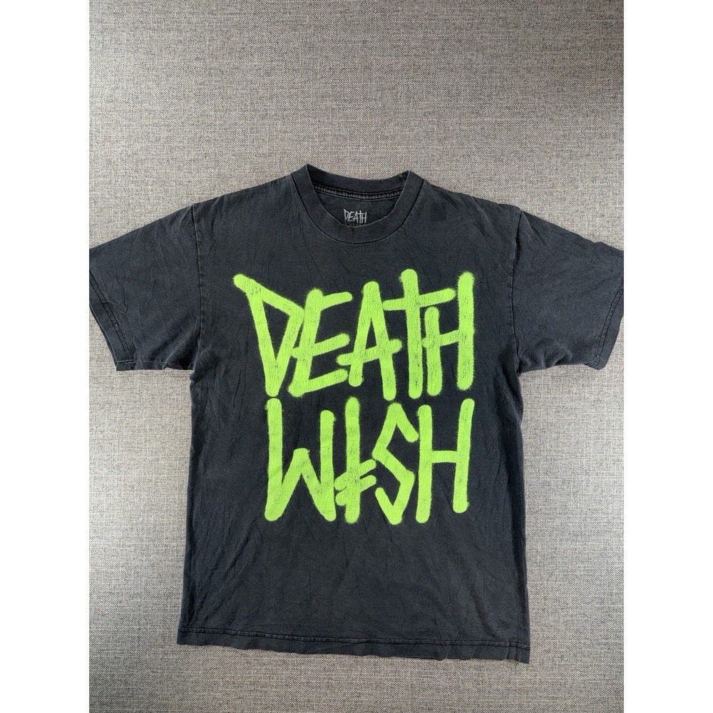 Death Wish T-Shirt Men's Medium Black Neon Green Graphic Streetwear Cotton Tee
